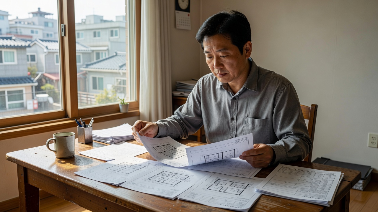 용산 재개발 구역 빌라 계약 전 서류 확인하는 모습