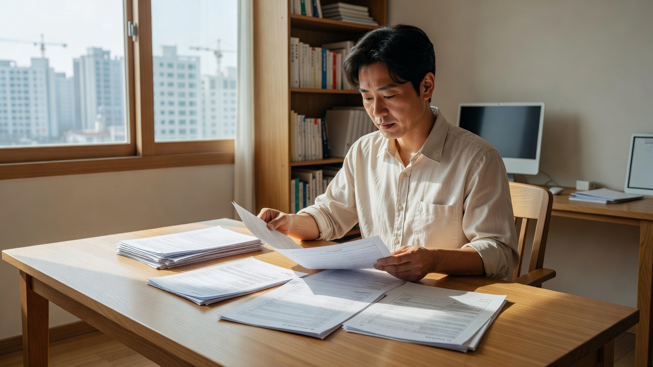 재개발 사무장 상담 전 권리 서류를 정리하는 모습