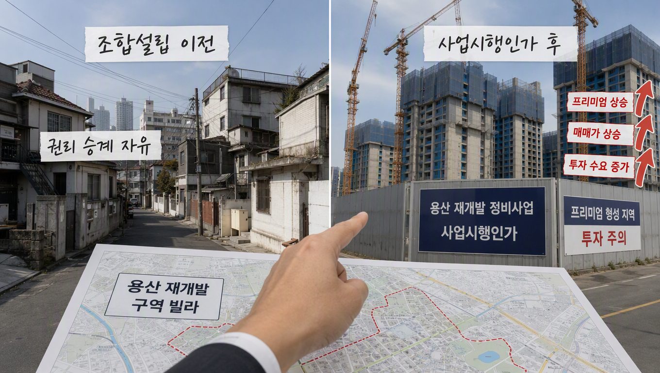 용산 재개발 구역 빌라 투자 시 사업 단계별 권리 변화와 진입 타이밍은?