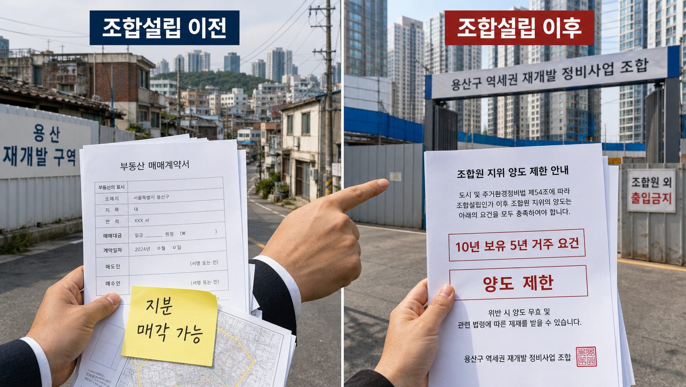 용산 재개발 구역 공동주택 지분 매각은 어떤 단계에서 가능할까?